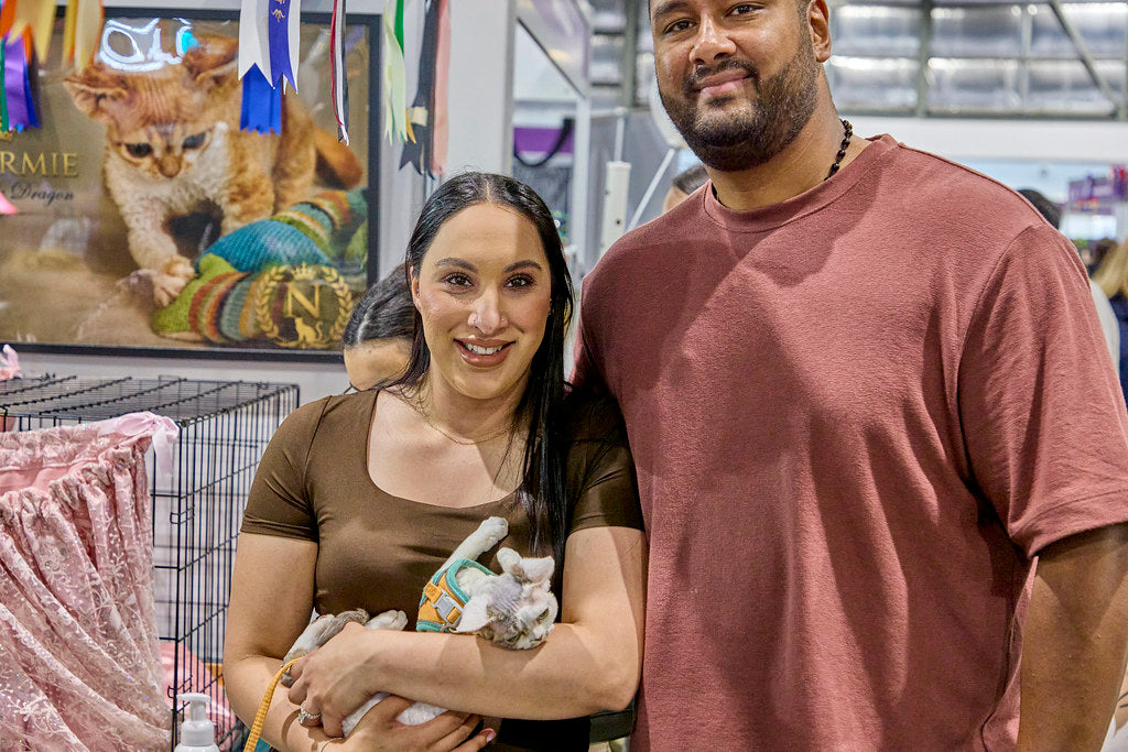 Couple meeting a cat at the Cat Lovers Festival Sydney