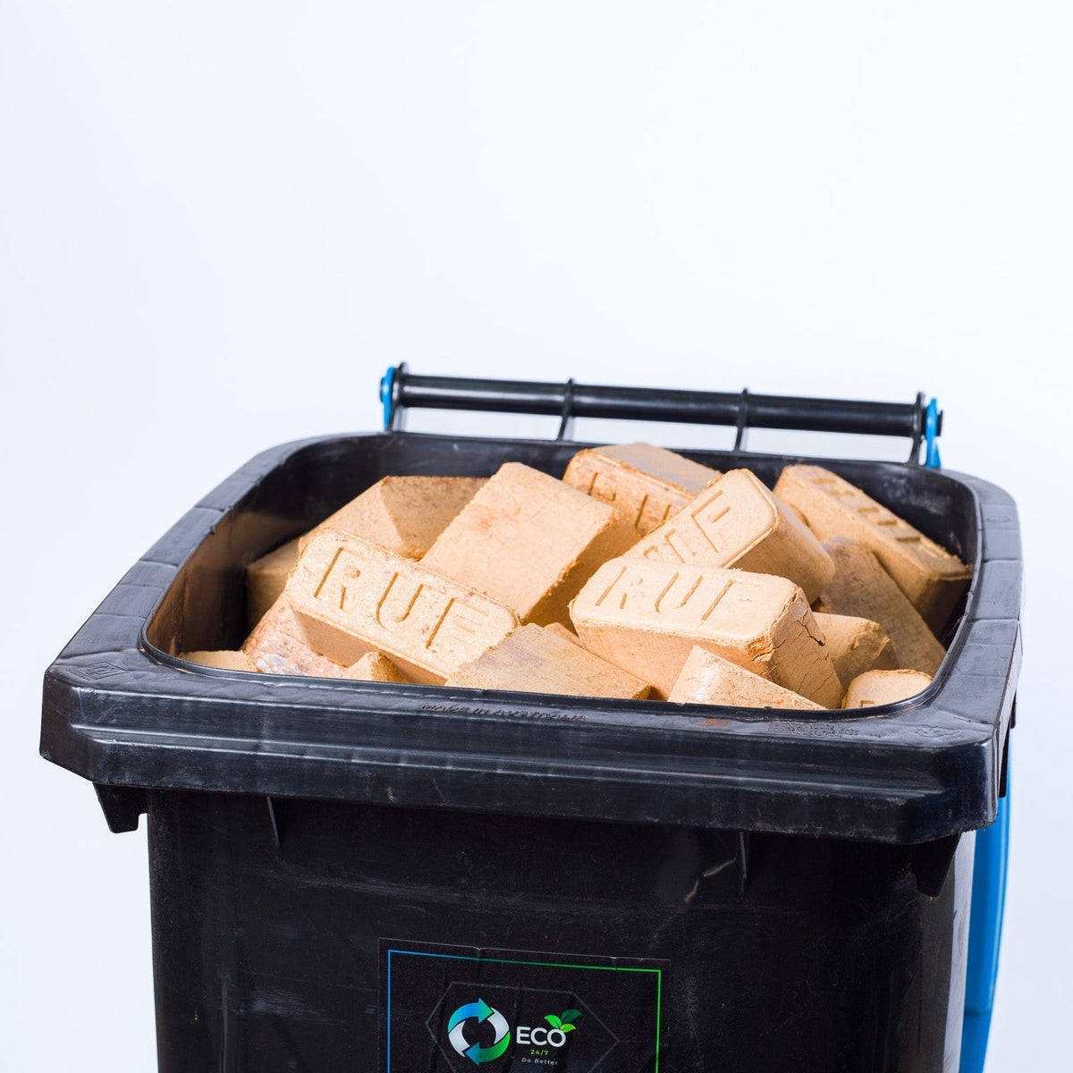 Eco 247 240L firewood bin full of kiln-dried firewood briquettes