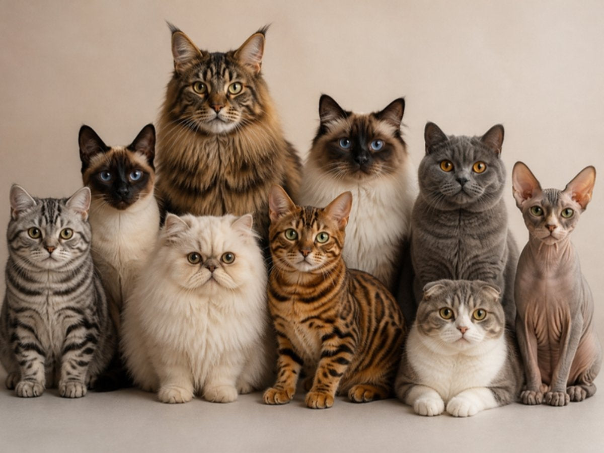 A group of different cat breeds sitting together