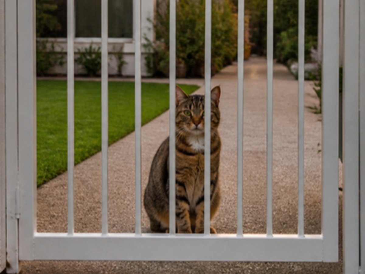Cat sitting behind a closed garden gate