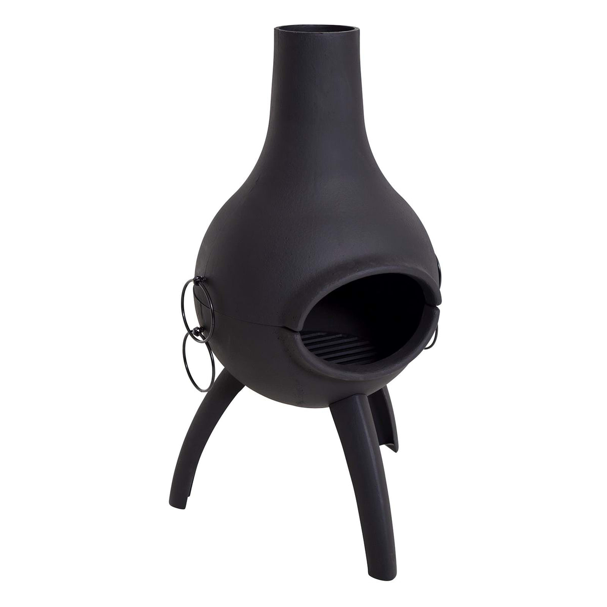 A black cast iron chiminea with a BBQ grill combo on a white background, showing the unit from the front with the grill visible.