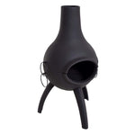 A black cast iron chiminea with a BBQ grill combo on a white background, showing the unit from the front with the grill visible.