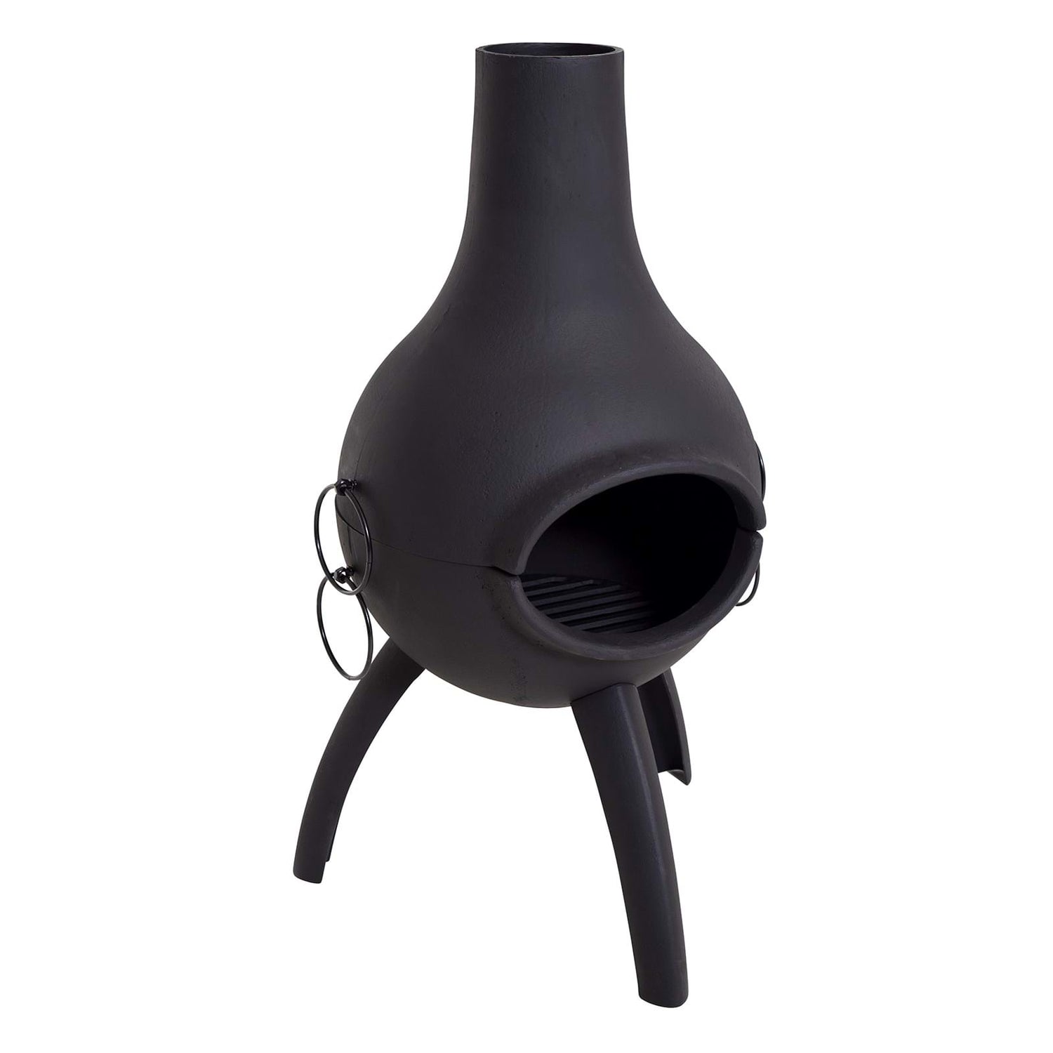 A black cast iron chiminea with a BBQ grill combo on a white background, showing the unit from the front with the grill visible.