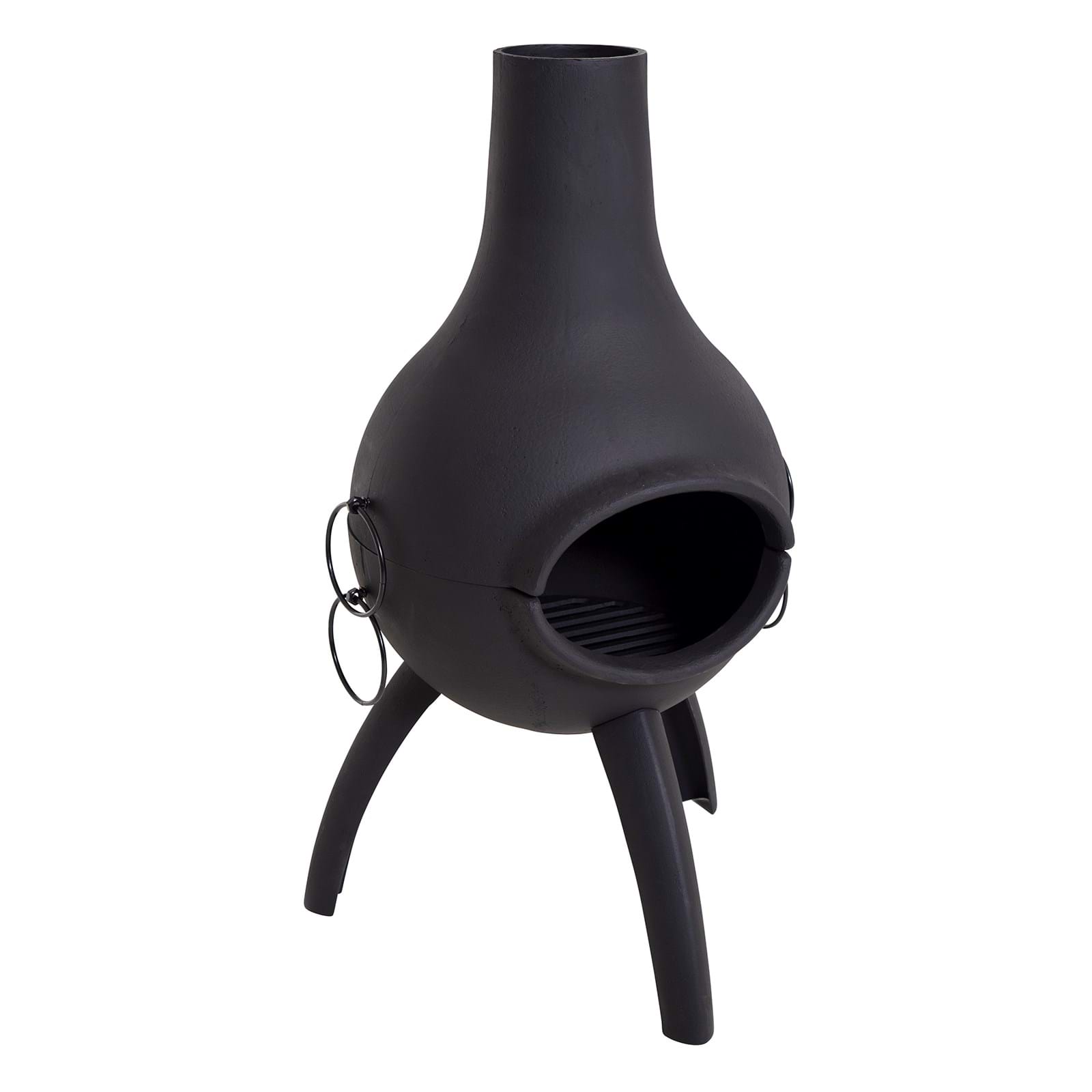 A black cast iron chiminea with a BBQ grill combo on a white background, showing the unit from the front with the grill visible.